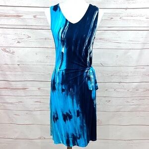 Zen Knits Turquoise Tie Dye V-neck Boho Stretch Jersey Faux Sarong Dress